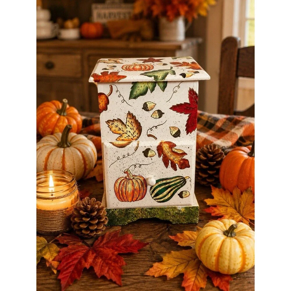 Autumn Harvest Wooden Storage Box Drawers Lid Pumpkin Leaves Acorns Rustic Fall